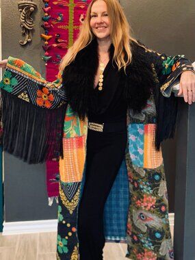 Vintage repurposed knatha quilt kimono duster peacock embroidery fur collar